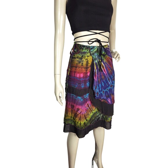 VTG Kathmandu Imports Rainbow Black Tie-Dye Wrap Skirt Festival 100% Cotton OSFM - Picture 4 of 8